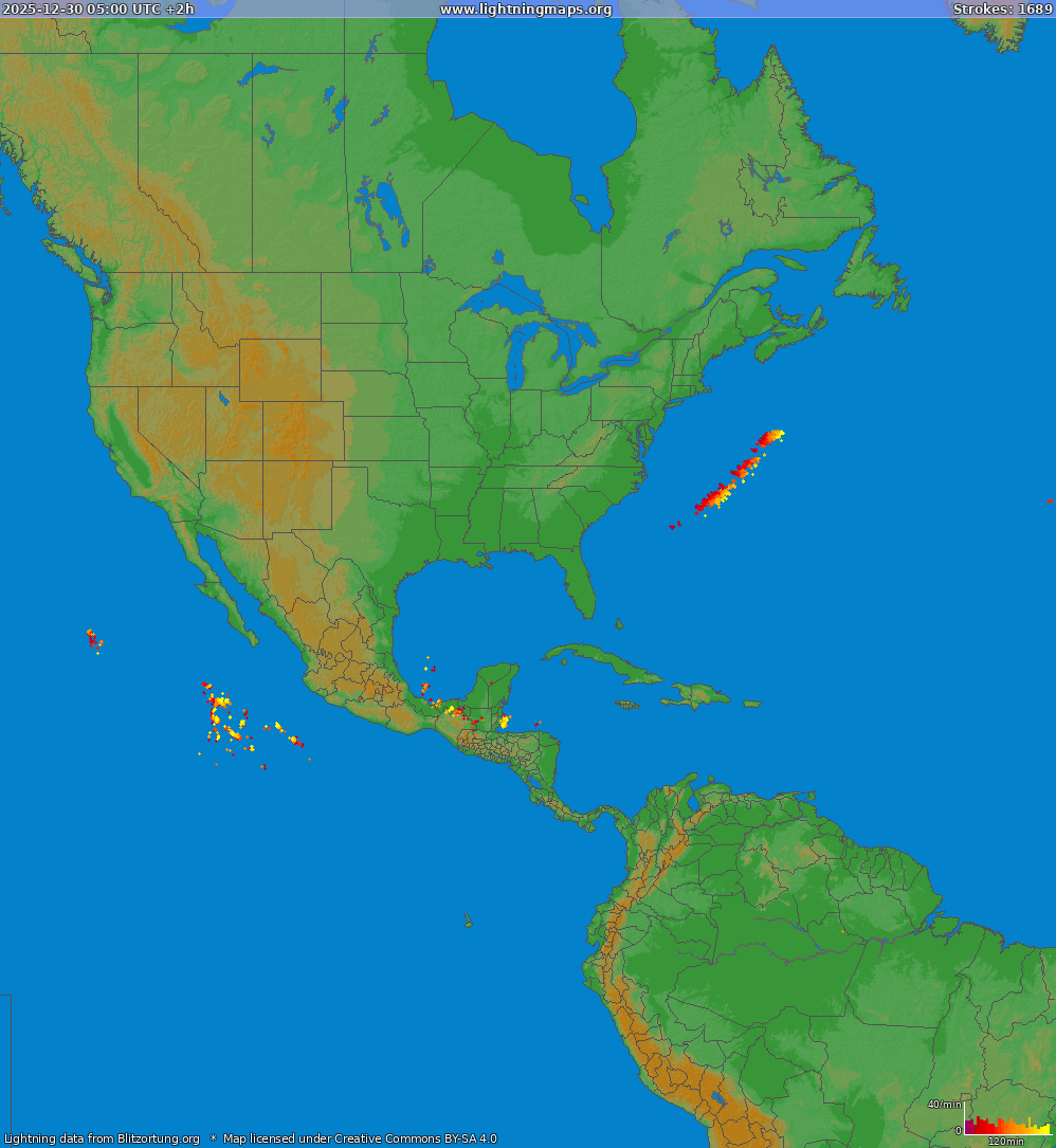Lightning map North America 2025-12-30 (Animation)