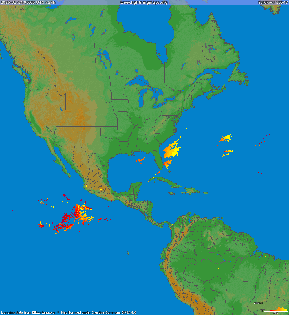 Bliksem kaart North America 14.01.2026