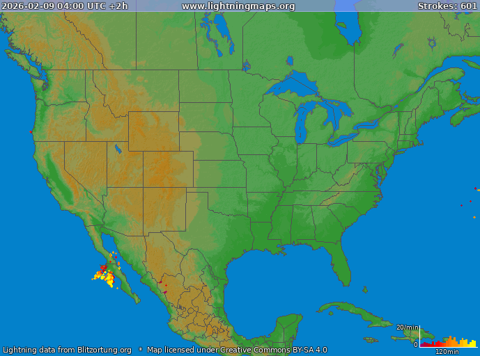 Lightning map USA 2026-02-09 (Animation)