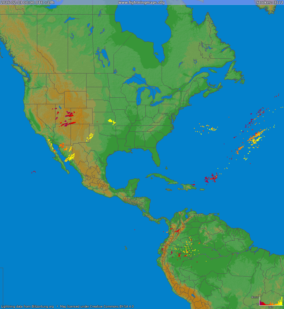 Mappa dei fulmini North America 13.02.2026