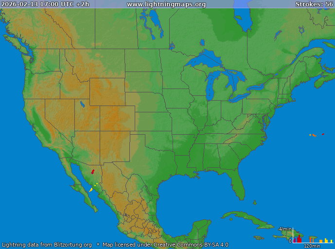Lightning map USA 2026-02-13 (Animation)