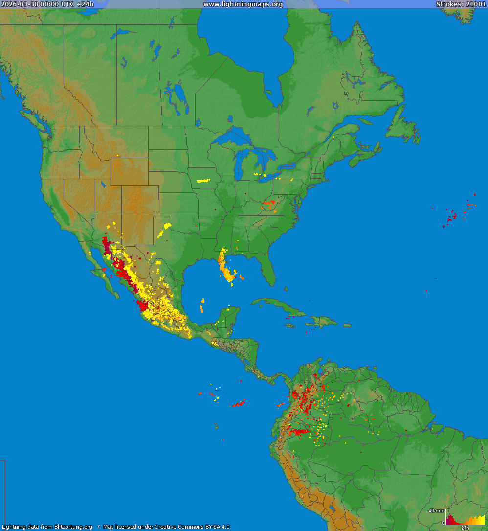 Bliksem kaart North America 30.03.2026