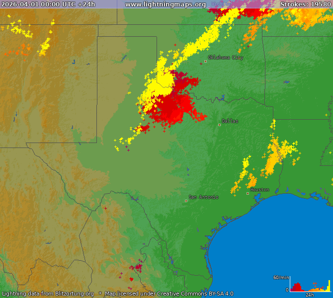 Mapa blesků Texas 01.04.2026