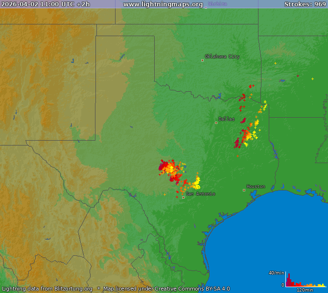 Carte de la foudre Texas 02/04/2026 (Animation)