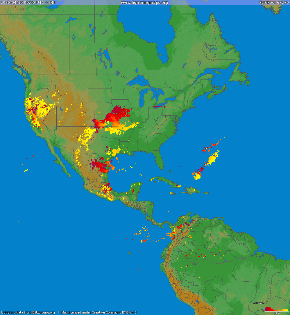 Bliksem kaart North America 10.04.2026