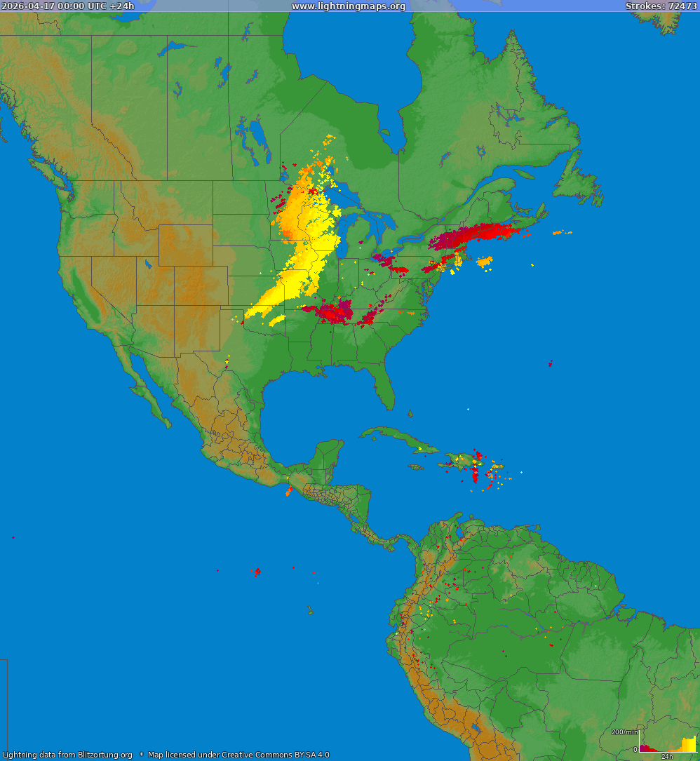 Mapa blesků North America 17.04.2026