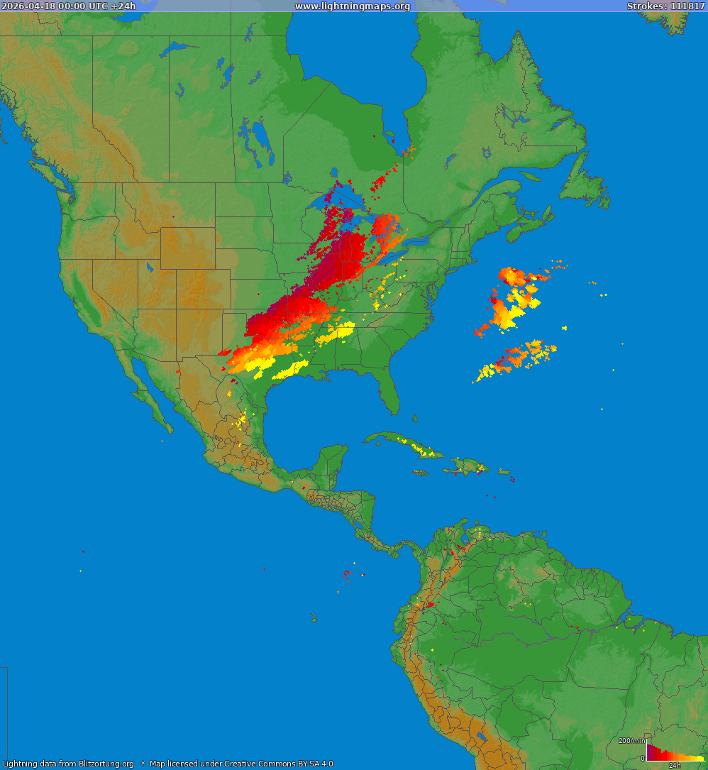 Mappa dei fulmini North America 18.04.2026
