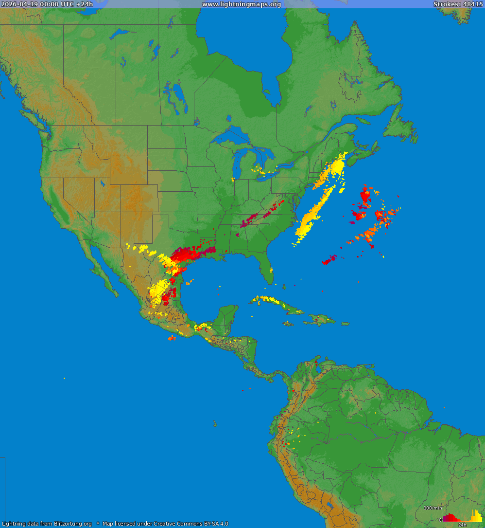 Mappa dei fulmini North America 19.04.2026