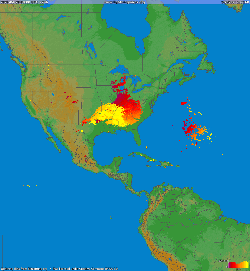 Mapa bleskov North America 28.04.2026