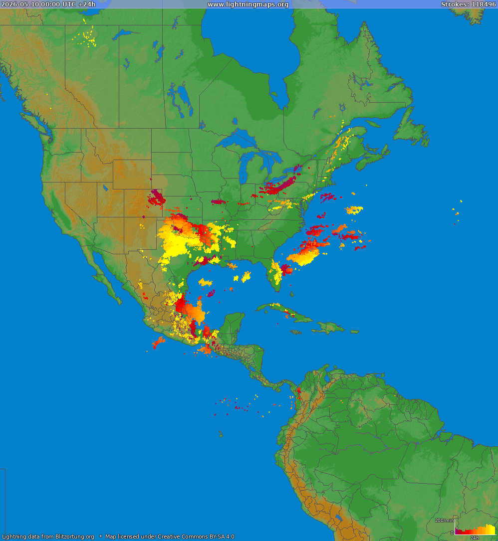 Mapa blesků North America 10.05.2026