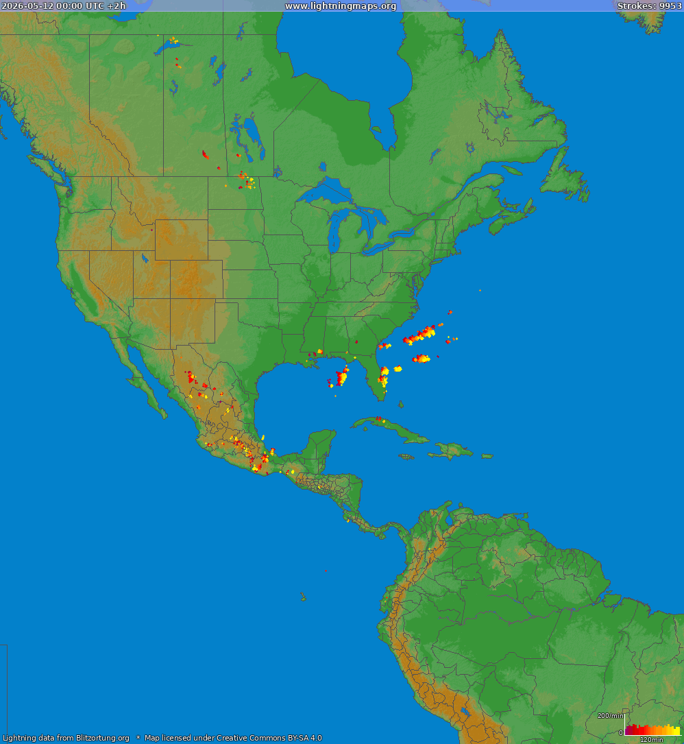 Mapa blesků North America 12.05.2026 (Animace)