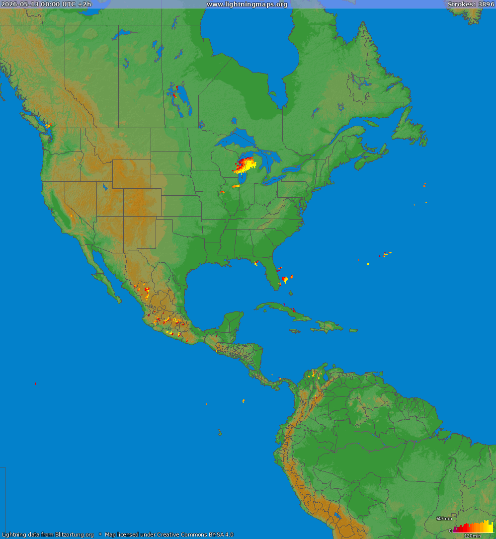 Mapa blesků North America 13.05.2026 (Animace)