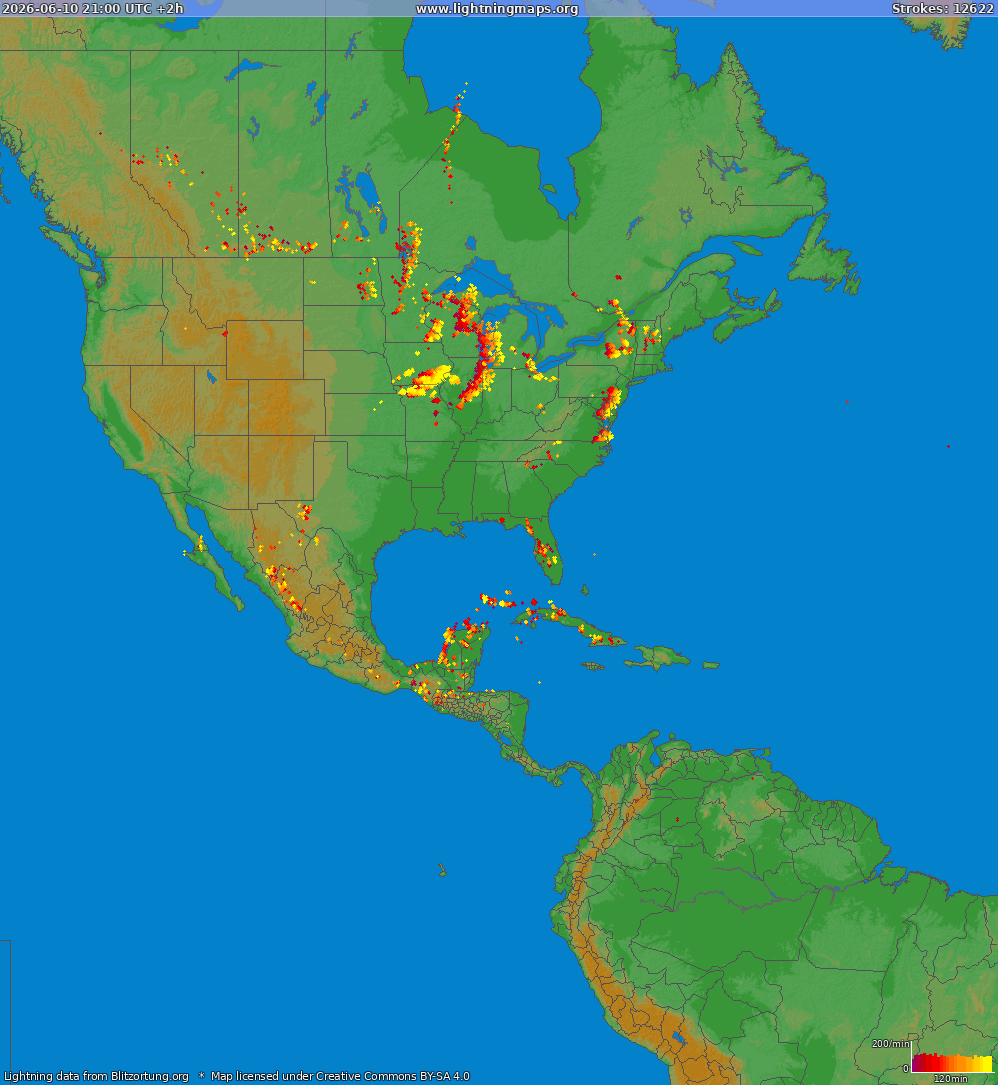 Bliksem kaart North America 10.06.2026 (Animatie)