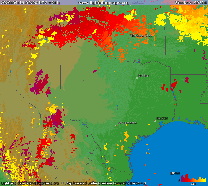 Mapa wyładowań Texas 2026-06-13