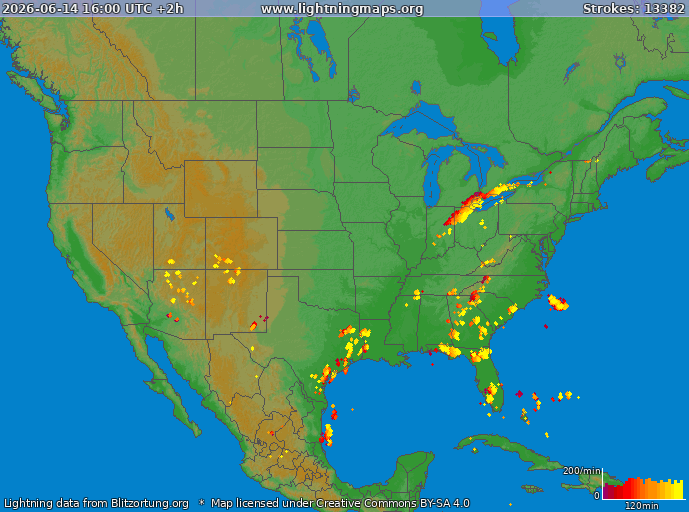 Lightning map USA 2026-06-14 (Animation)