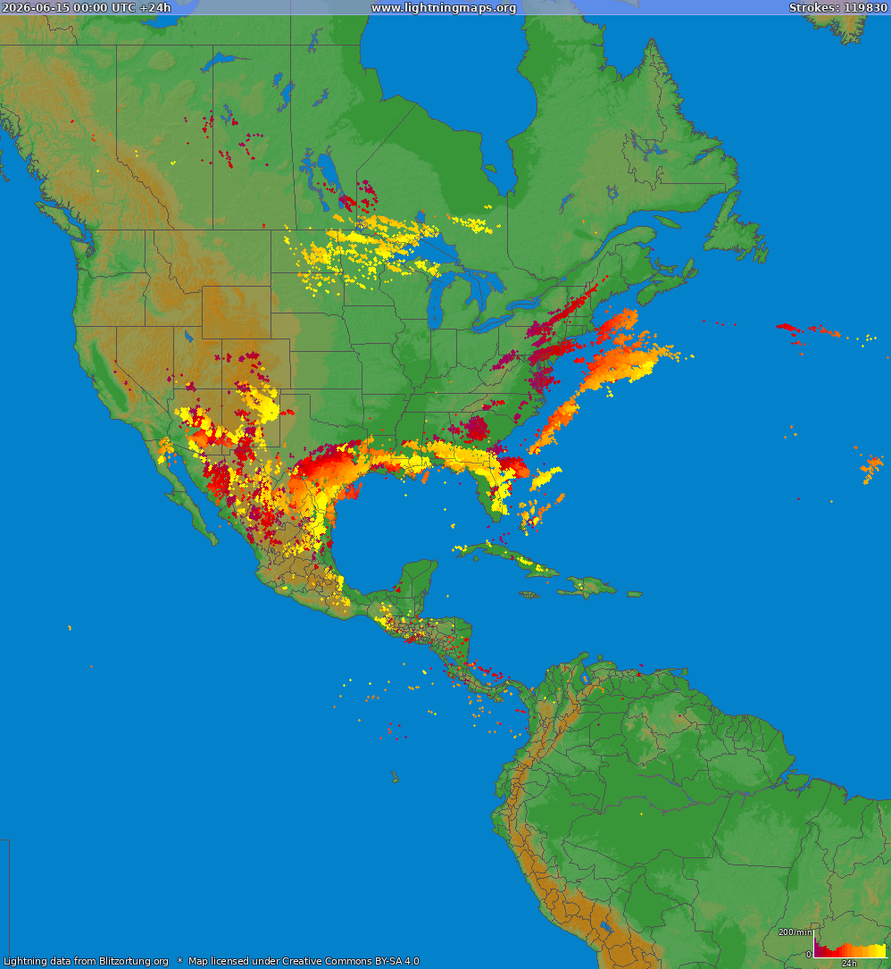 Mapa bleskov North America 15.06.2026