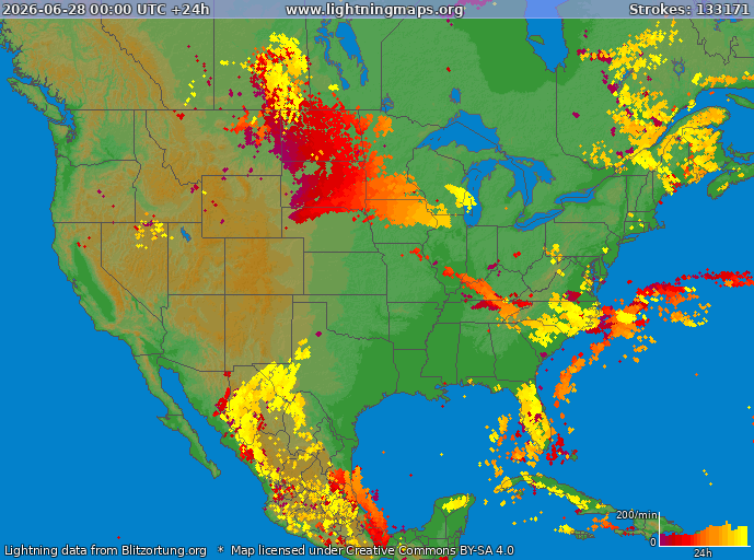 Mapa blesků USA 28.06.2026
