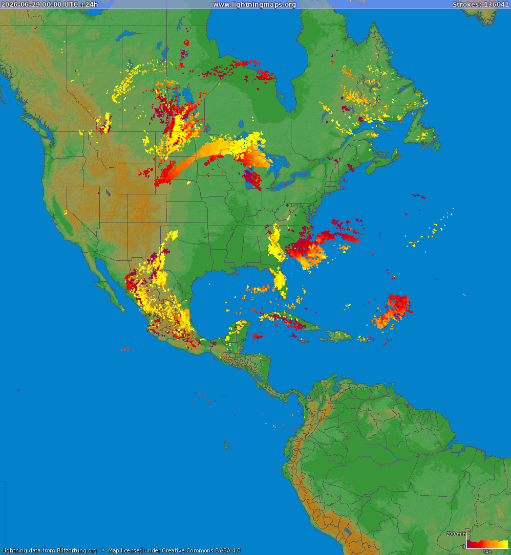 Mapa bleskov North America 29.06.2026