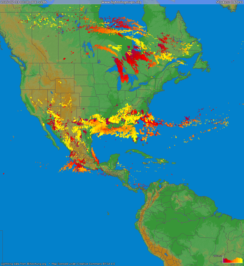 Mapa blesků North America 13.07.2026