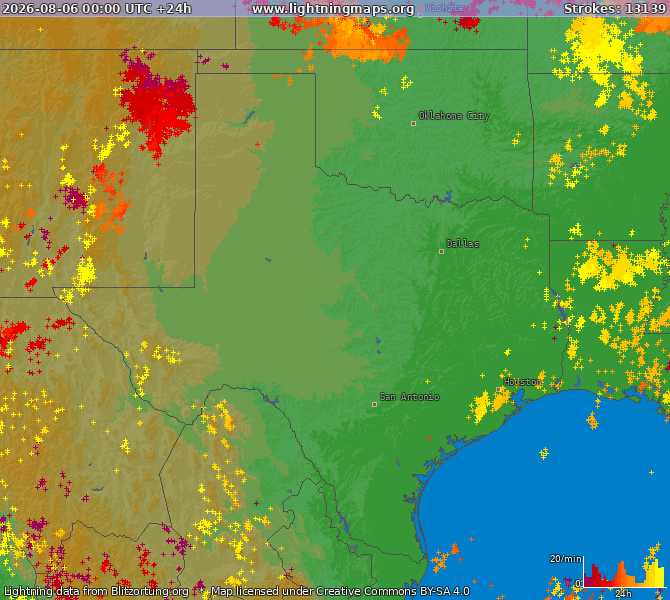 Bliksem kaart Texas 06.08.2026