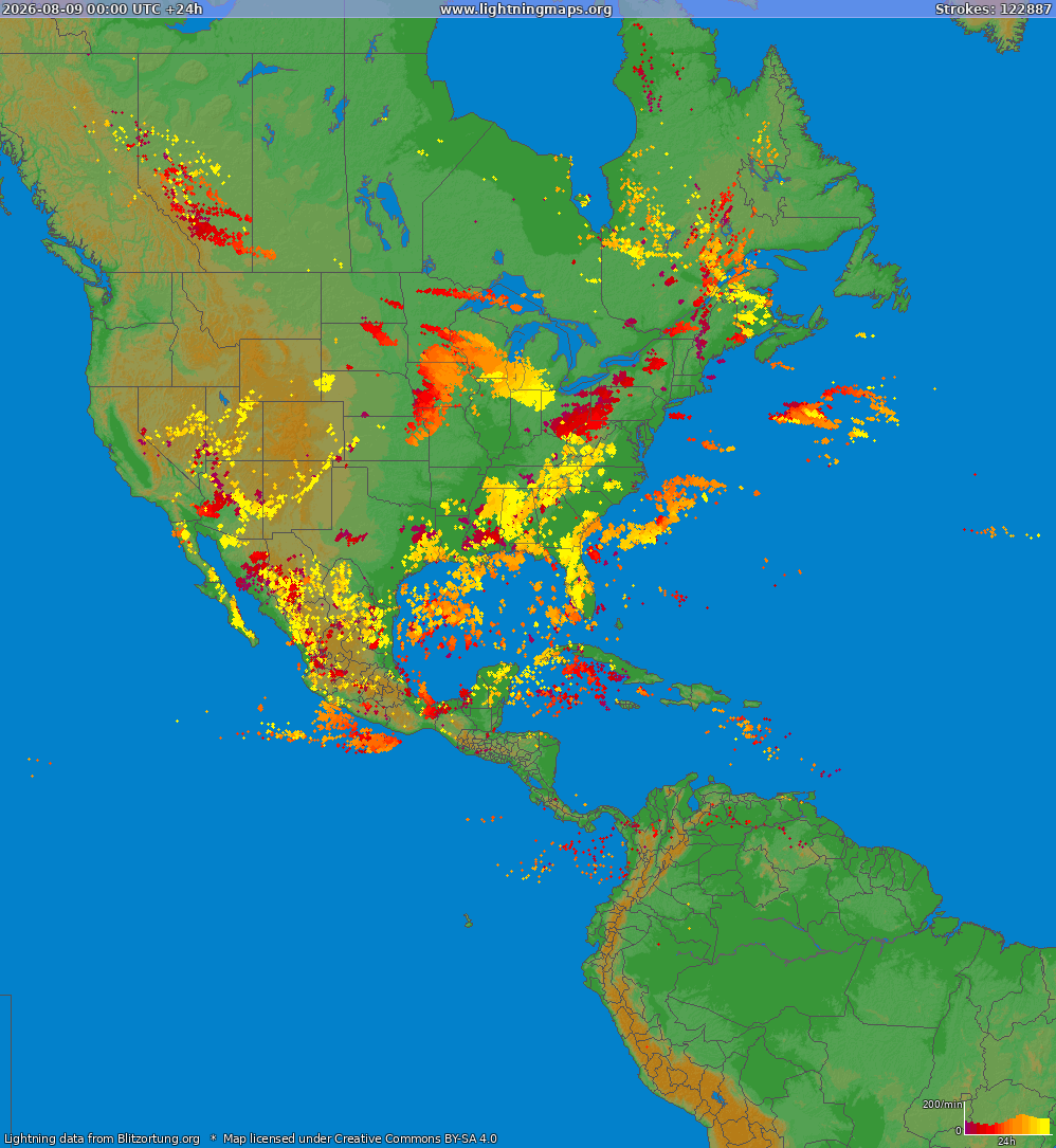 Mappa dei fulmini North America 09.08.2026
