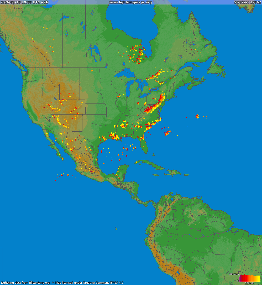 Mappa dei fulmini North America 10.08.2026 (Animazione)