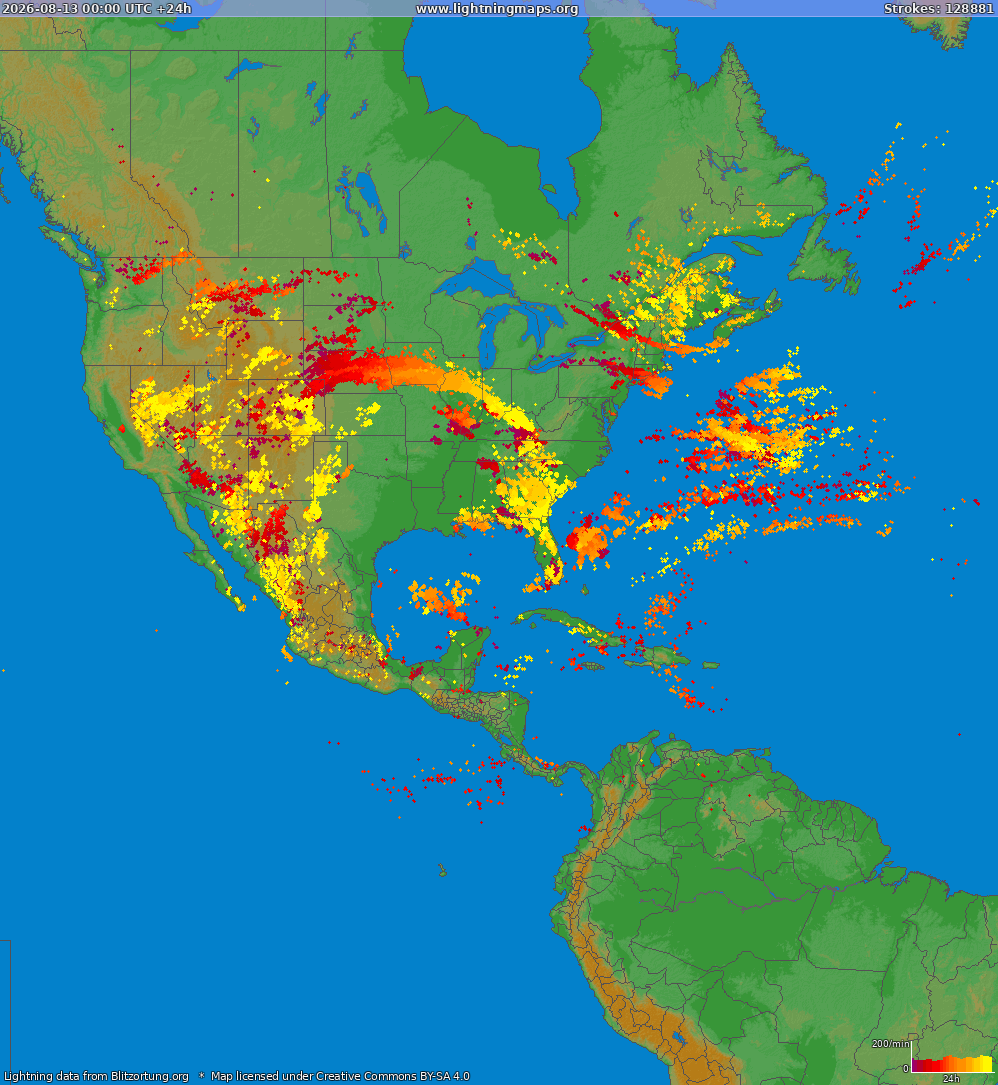 Mapa blesků North America 13.08.2026