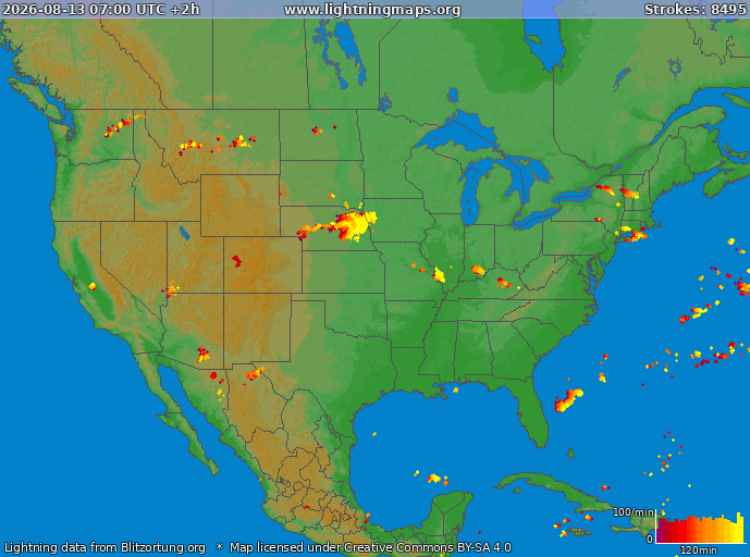 Lightning map USA 2026-08-13 (Animation)
