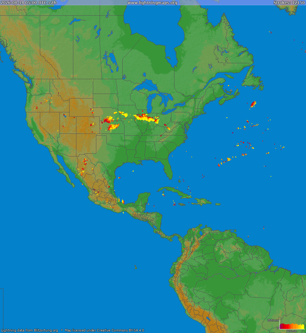 Lightning map North America 2026-08-14 (Animation)