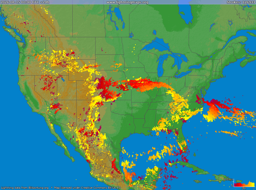 Mapa bleskov USA (Big) 15.08.2026