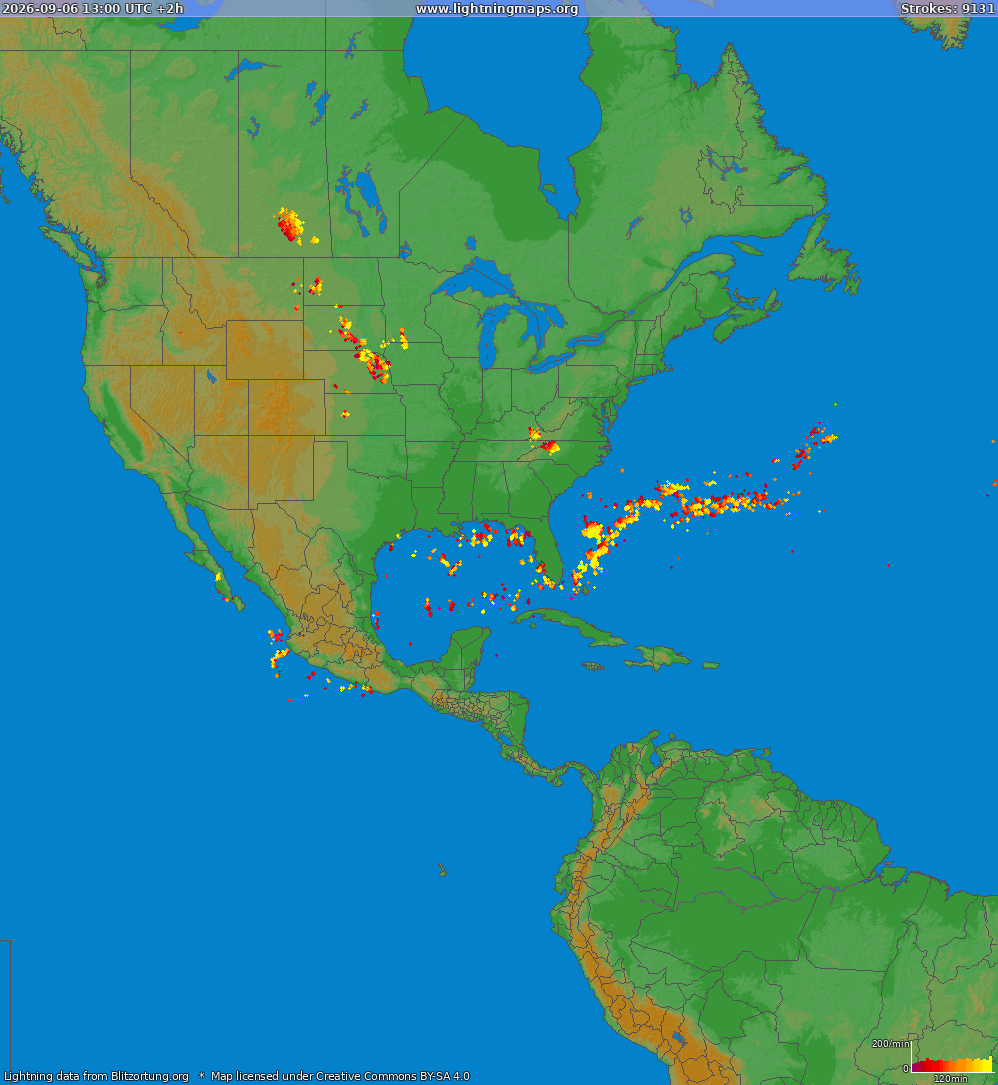 Mapa bleskov North America 06.09.2026 (Animácia)