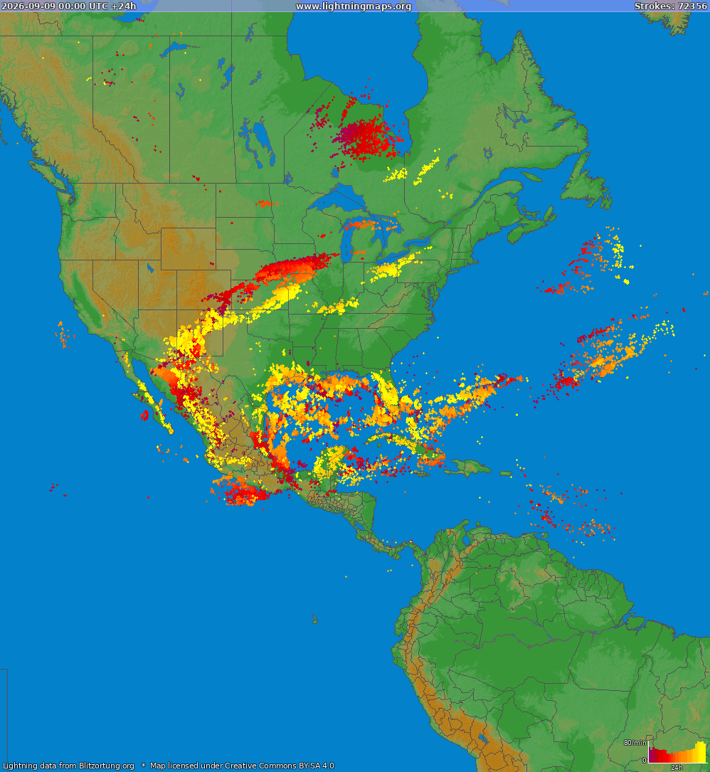 Mapa bleskov North America 09.09.2026