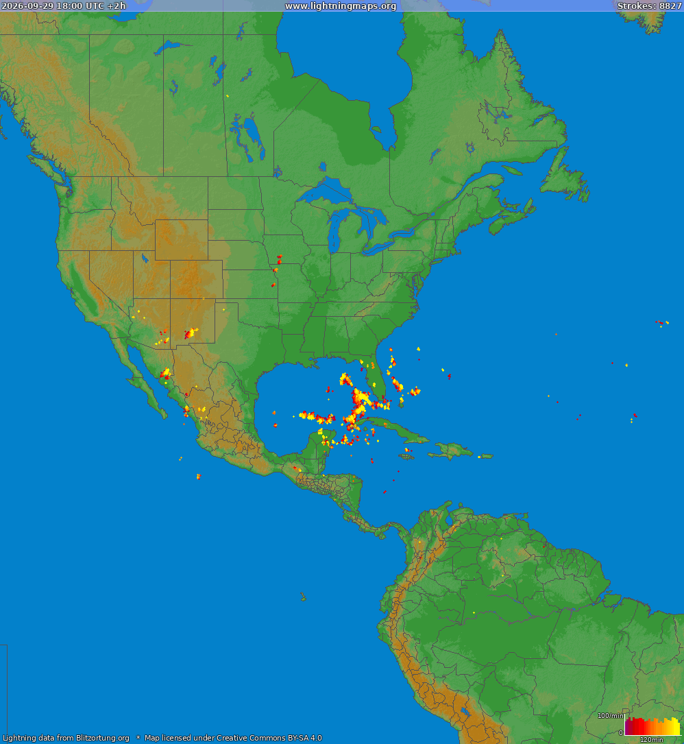Lightning map North America 2026-09-29 (Animation)