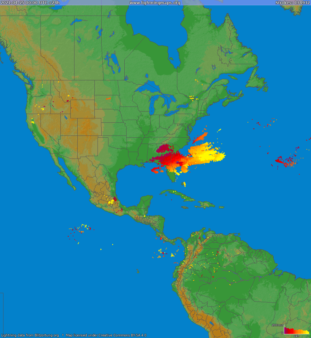 Mapa bleskov North America 25.04.2021