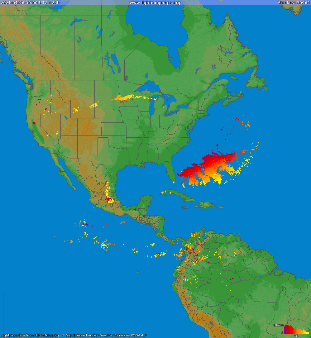 Mapa blesků North America 26.04.2021