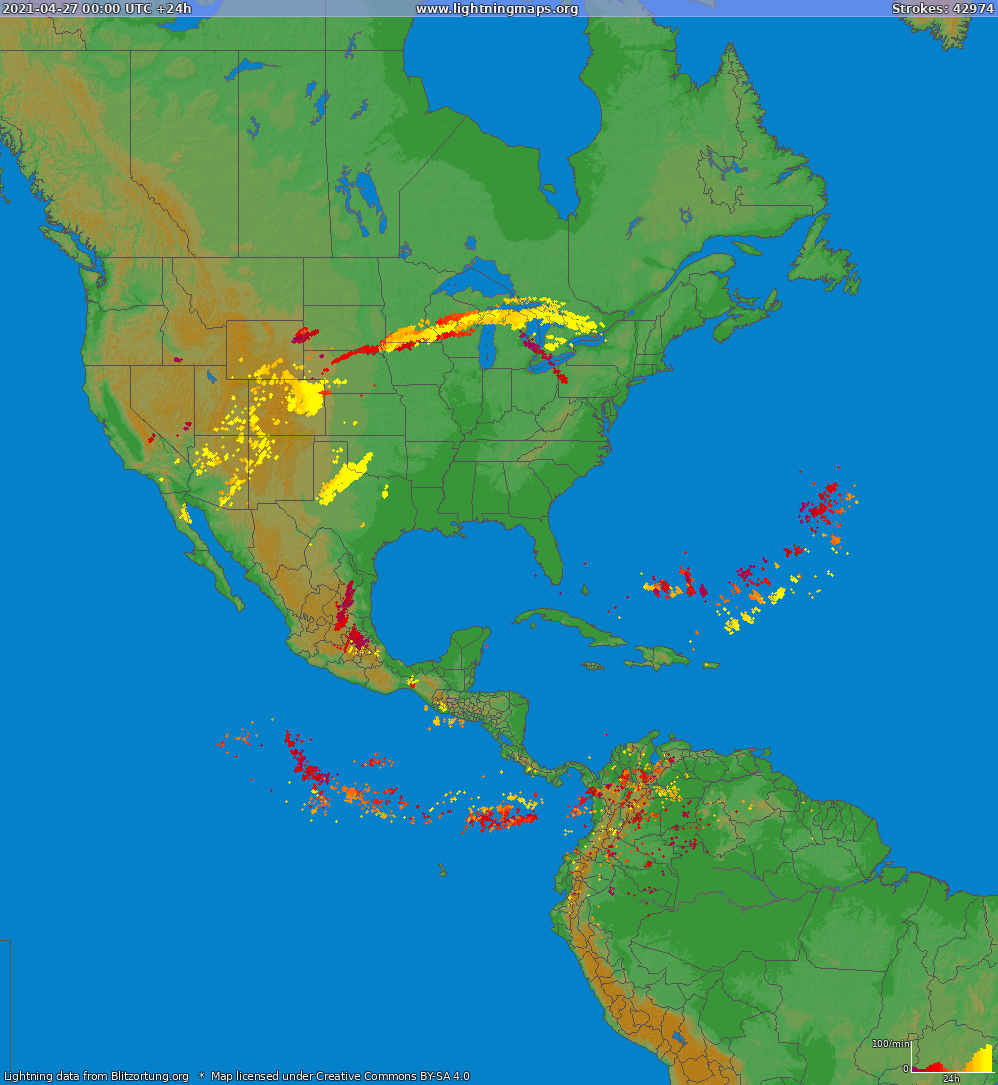 Mapa wyładowań Ameryka Północna 2021-04-27
