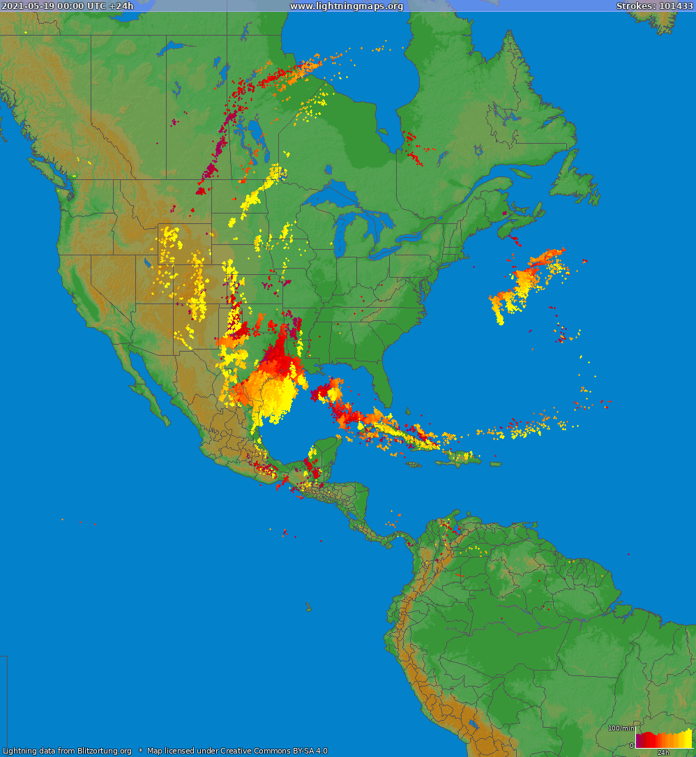 Карта блискавок Північна Америка 19.05.2021