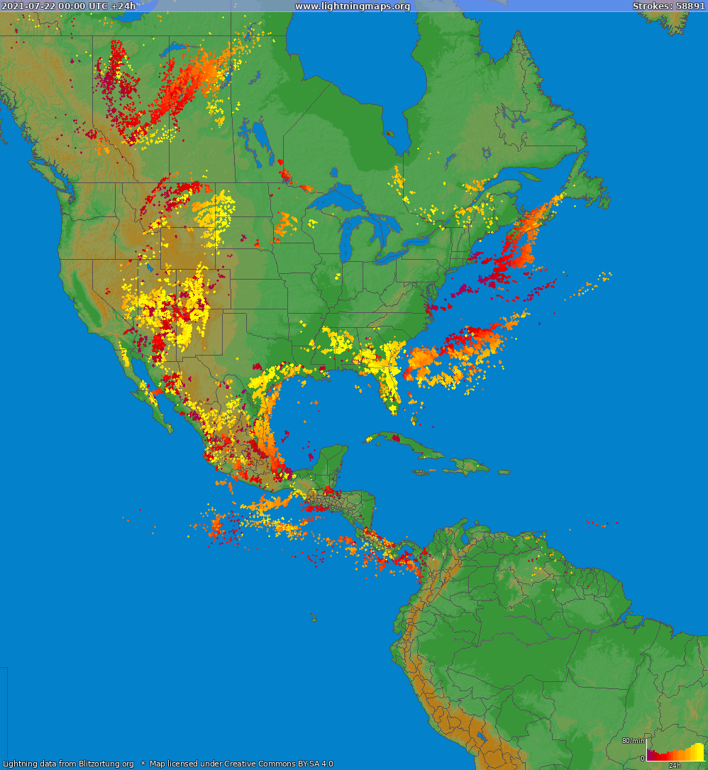 Mapa bleskov North America 22.07.2021