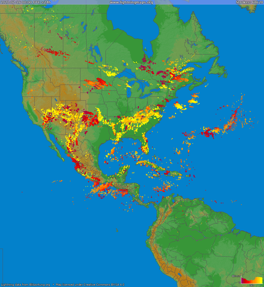 Mappa dei fulmini North America 26.07.2021