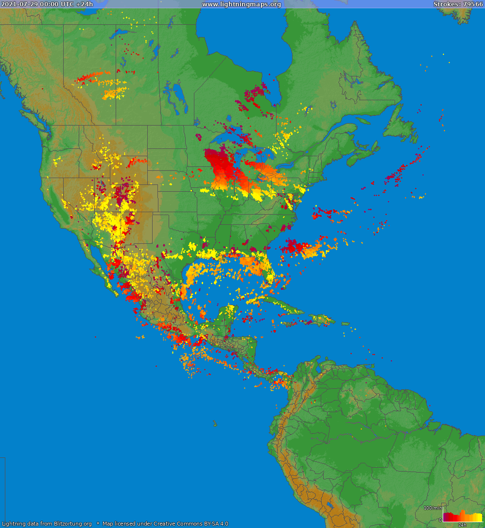 Mapa bleskov North America 29.07.2021