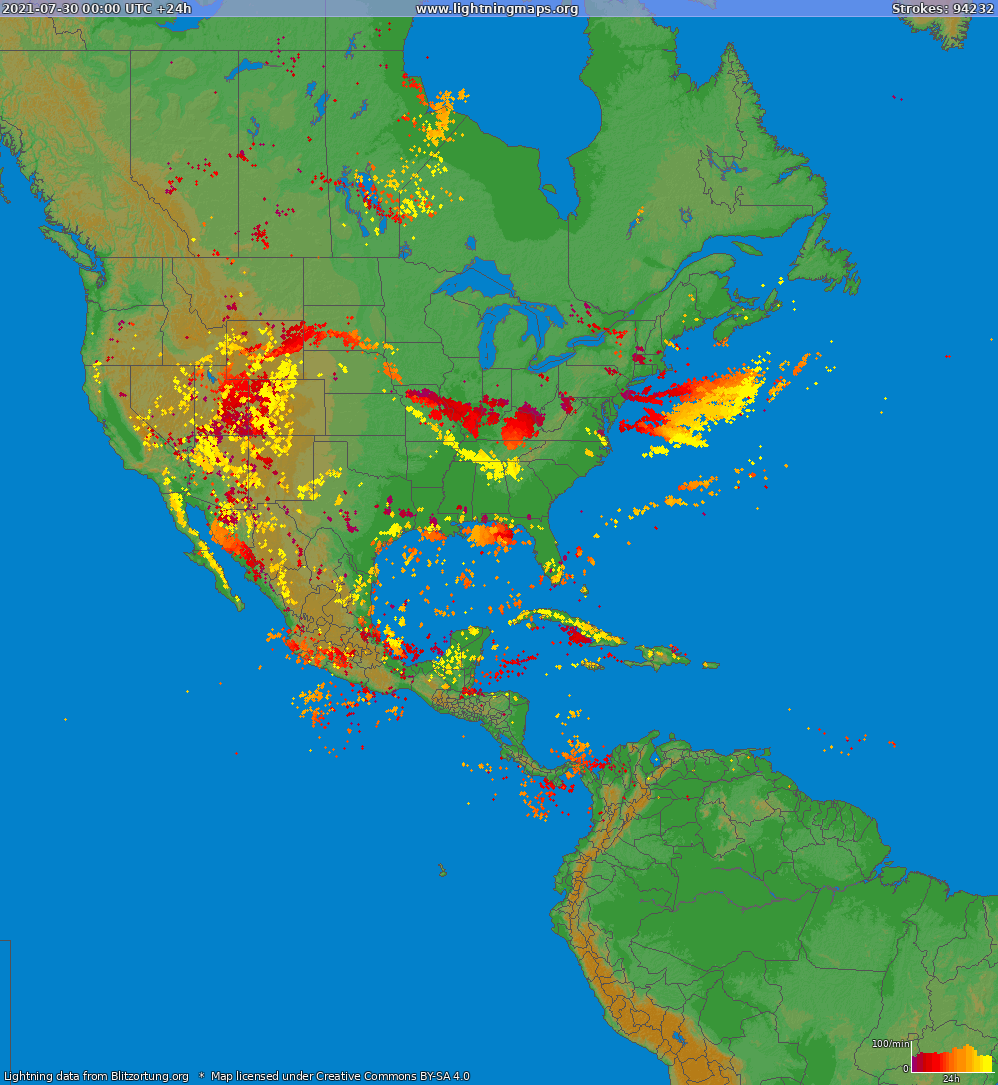 Bliksem kaart North America 30.07.2021