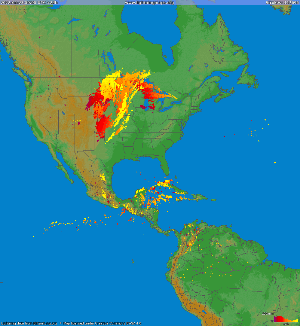 Lightning map North America 2022-04-23