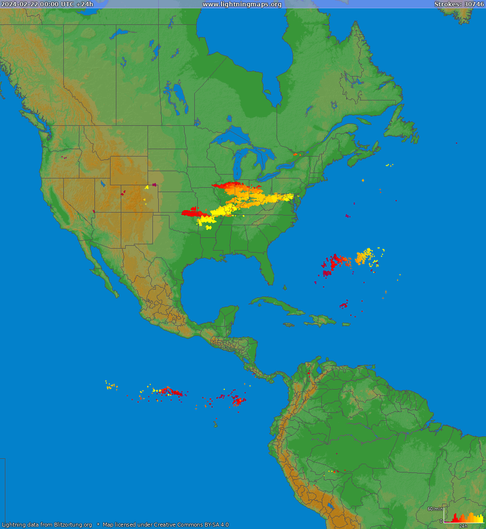 Lightning map North America 2024-02-22