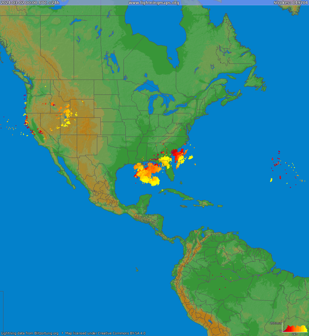 Mapa bleskov North America 02.03.2024