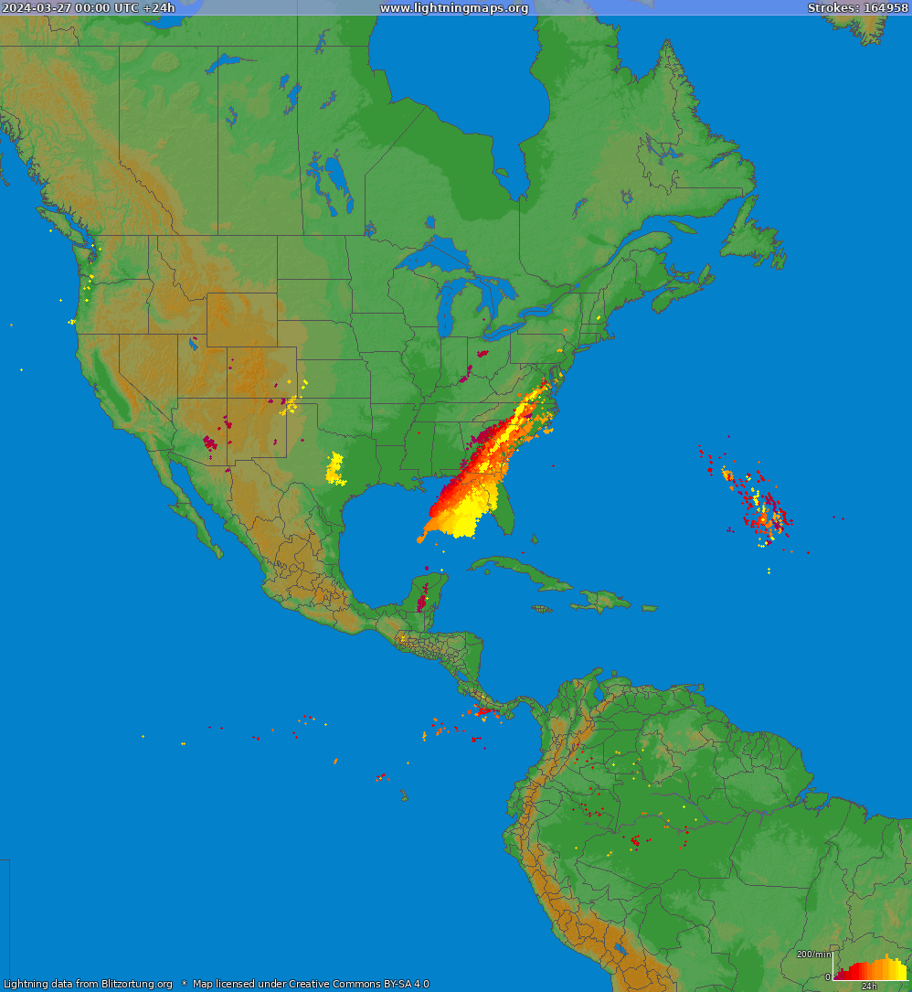 Карта блискавок Північна Америка 27.03.2024