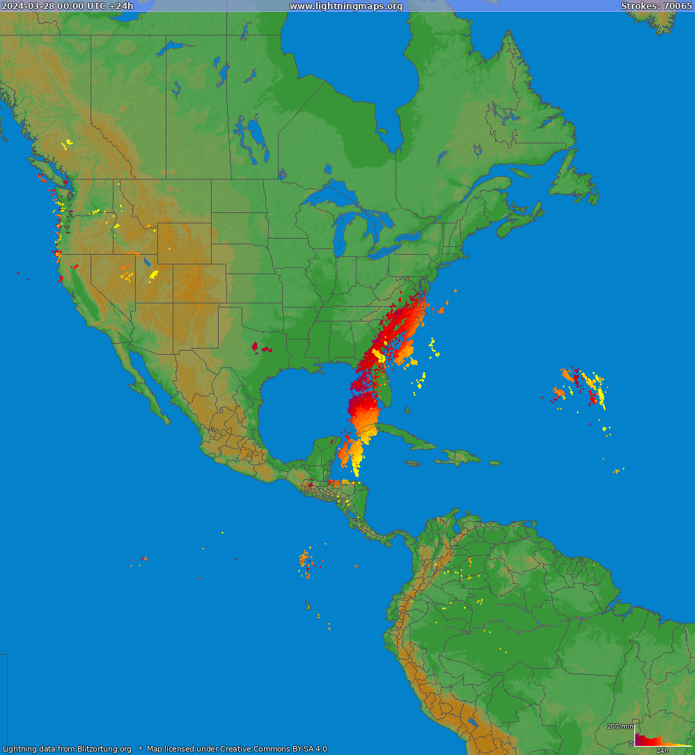 Mapa wyładowań Ameryka Północna 2024-03-28