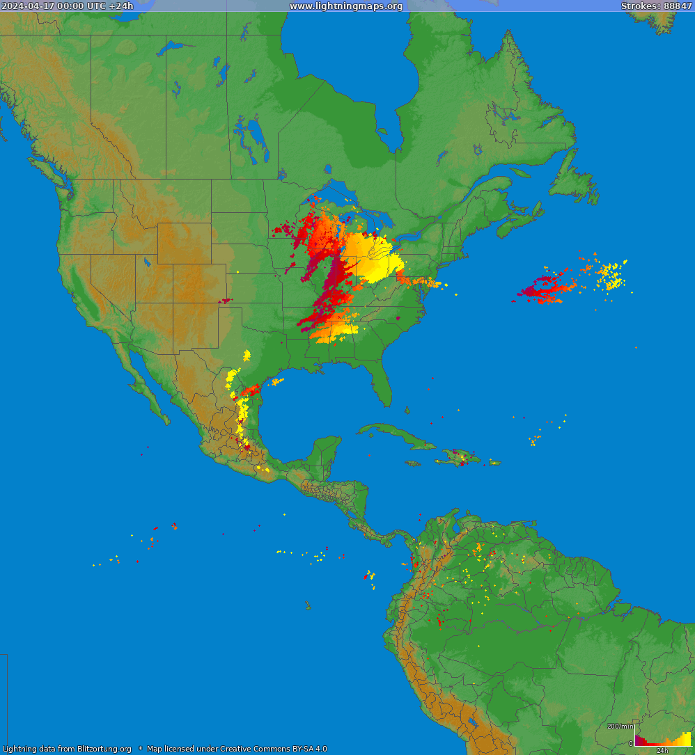 Mapa wyładowań Ameryka Północna 2024-04-17