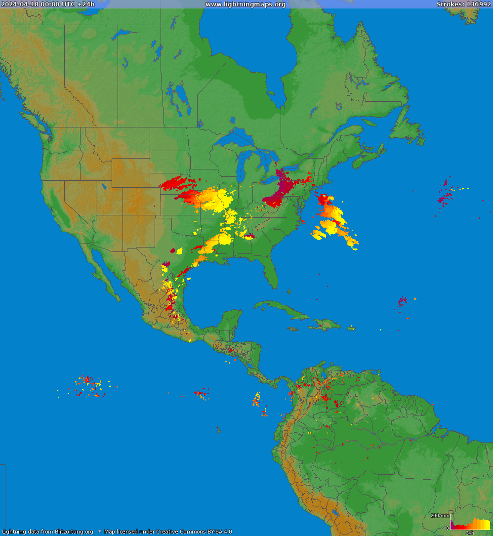 Bliksem kaart North America 18.04.2024