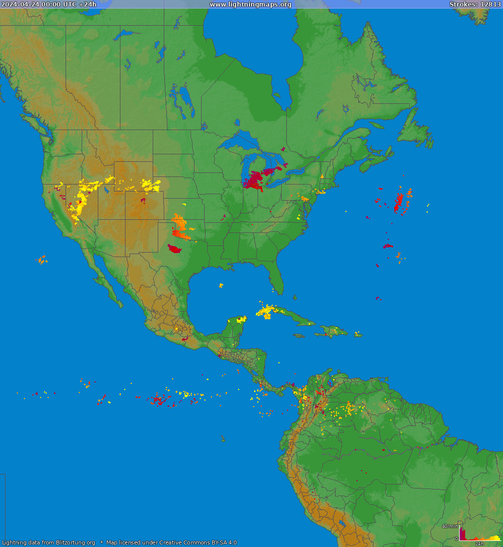 Mapa wyładowań Ameryka Północna 2024-04-24
