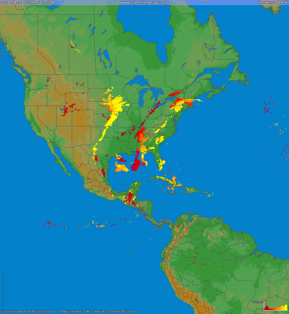 Mappa dei fulmini North America 30.04.2024